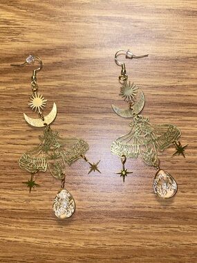 Gold Celestial Moth Drop Earrings with Pressed Flower Teardrop